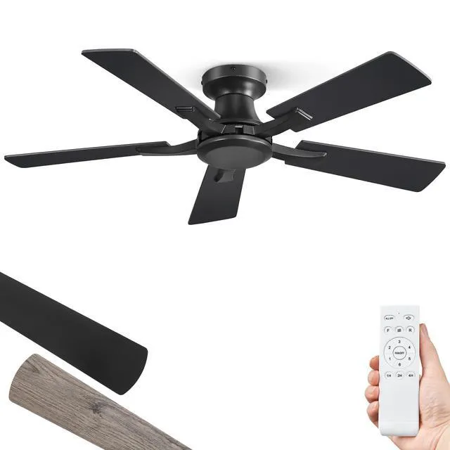 Main image of 42 Inch Ceiling Fan No Light, Flush Mount Low Profile, Black Modern Without Light, Remote Control, Reversible DC Motor, Quiet Powerful Airflow for Indoor&Outdoor, Bedroom, Living Room