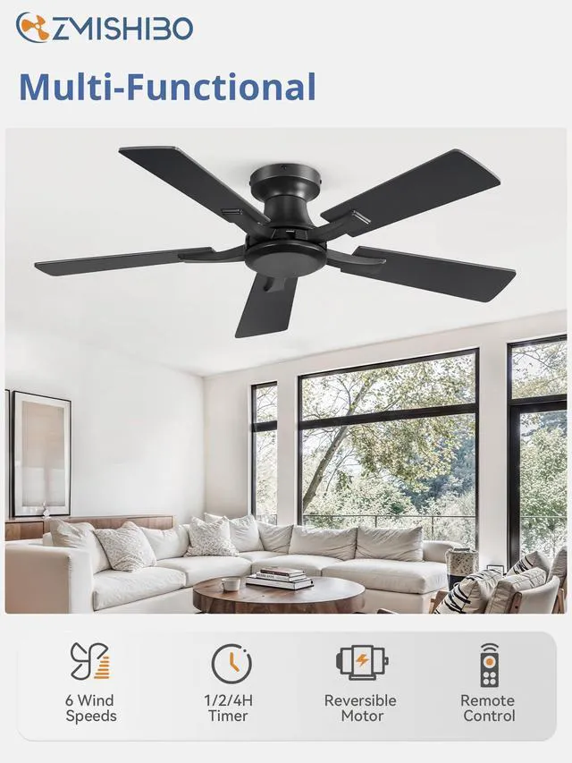 Alt view image 2 of 6 - 42 Inch Ceiling Fan No Light, Flush Mount Low Profile, Black Modern Without Light, Remote Control, Reversible DC Motor, Quiet Powerful Airflow for Indoor&Outdoor, Bedroom, Living Room