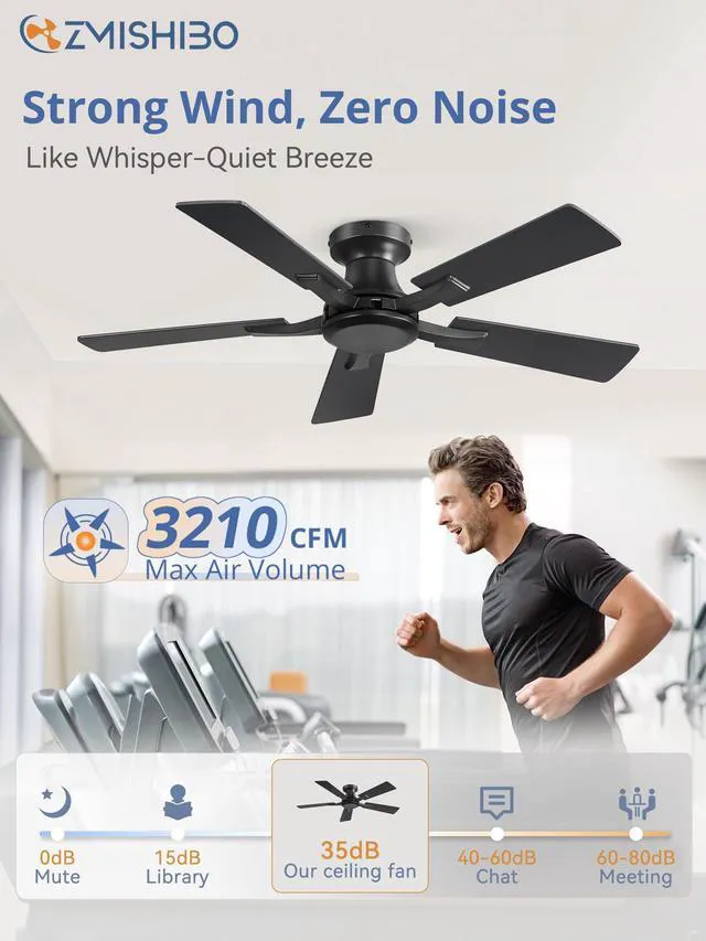 Alt view image 3 of 6 - 42 Inch Ceiling Fan No Light, Flush Mount Low Profile, Black Modern Without Light, Remote Control, Reversible DC Motor, Quiet Powerful Airflow for Indoor&Outdoor, Bedroom, Living Room