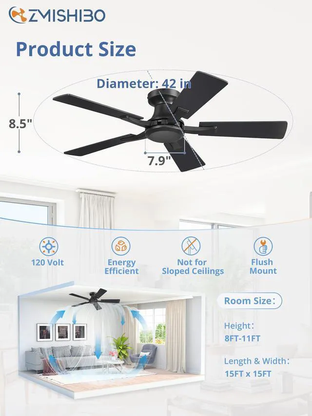 Alt view image 4 of 6 - 42 Inch Ceiling Fan No Light, Flush Mount Low Profile, Black Modern Without Light, Remote Control, Reversible DC Motor, Quiet Powerful Airflow for Indoor&Outdoor, Bedroom, Living Room