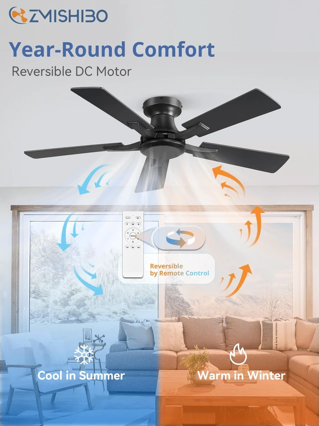 Alt view image 5 of 6 - 42 Inch Ceiling Fan No Light, Flush Mount Low Profile, Black Modern Without Light, Remote Control, Reversible DC Motor, Quiet Powerful Airflow for Indoor&Outdoor, Bedroom, Living Room