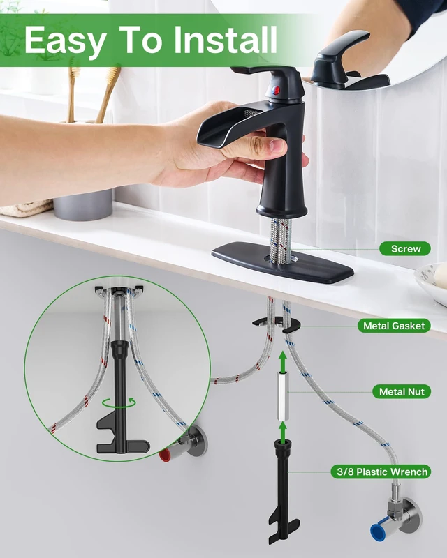 Alt view image 6 of 7 - Waterfall Bathroom Faucets Single Handle Brushed Nickel, for 1 or 3 Holes, Vanity Faucet with Deck Plate and Drain