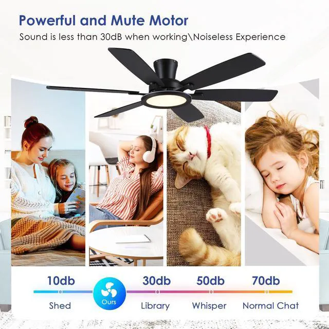 Alt view image 2 of 7 - 55in Black Flush Mount Ceiling Fan - RGB Low Profile Ceiling Fan Light with Remote-APP, Dimmable and 3CCT, Modern Fan with RGB Light for Indoor and Covered Outdoor