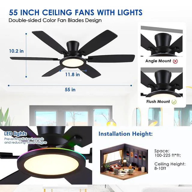 Alt view image 6 of 7 - 55in Black Flush Mount Ceiling Fan - RGB Low Profile Ceiling Fan Light with Remote-APP, Dimmable and 3CCT, Modern Fan with RGB Light for Indoor and Covered Outdoor
