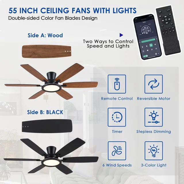 Alt view image 5 of 7 - 55in Black Flush Mount Ceiling Fan - RGB Low Profile Ceiling Fan Light with Remote-APP, Dimmable and 3CCT, Modern Fan with RGB Light for Indoor and Covered Outdoor