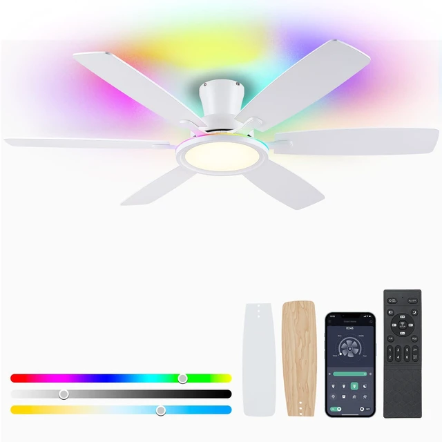 Main image of 55In Flush Mount Ceiling Fan with RGB Light - White Modern Ceiling Fan with 6 Dual-Sided Blades, Reversible DC Motor, Low Profile Fan Light Fixture for Indoor Bedroom, Outdoor Patios
