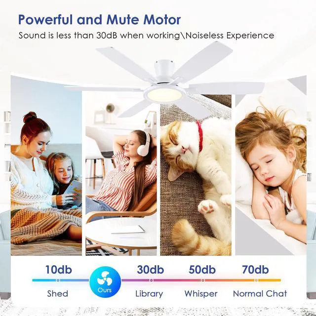 Alt view image 2 of 7 - 55In Flush Mount Ceiling Fan with RGB Light - White Modern Ceiling Fan with 6 Dual-Sided Blades, Reversible DC Motor, Low Profile Fan Light Fixture for Indoor Bedroom, Outdoor Patios