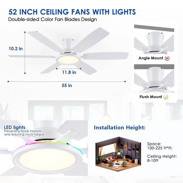 Alt view image 6 of 7 - 55In Flush Mount Ceiling Fan with RGB Light - White Modern Ceiling Fan with 6 Dual-Sided Blades, Reversible DC Motor, Low Profile Fan Light Fixture for Indoor Bedroom, Outdoor Patios