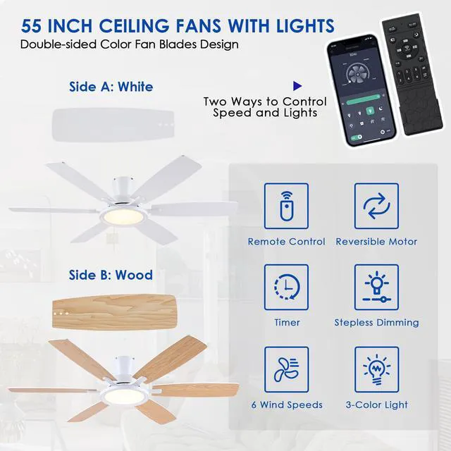 Alt view image 5 of 7 - 55In Flush Mount Ceiling Fan with RGB Light - White Modern Ceiling Fan with 6 Dual-Sided Blades, Reversible DC Motor, Low Profile Fan Light Fixture for Indoor Bedroom, Outdoor Patios