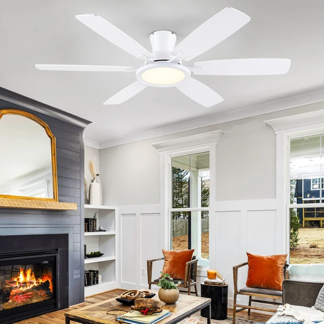 Alt view image 7 of 7 - 55In Flush Mount Ceiling Fan with RGB Light - White Modern Ceiling Fan with 6 Dual-Sided Blades, Reversible DC Motor, Low Profile Fan Light Fixture for Indoor Bedroom, Outdoor Patios