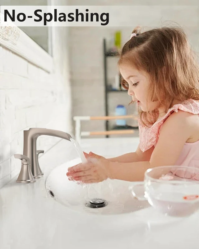 Alt view image 5 of 7 - Brushed Nickel Bathroom Faucet 3 Hole, Waterfall 8 Inch Widespread Bathroom Sink Faucet with Pop-up Drain, Two-Handle Faucet for Bathroom Sink