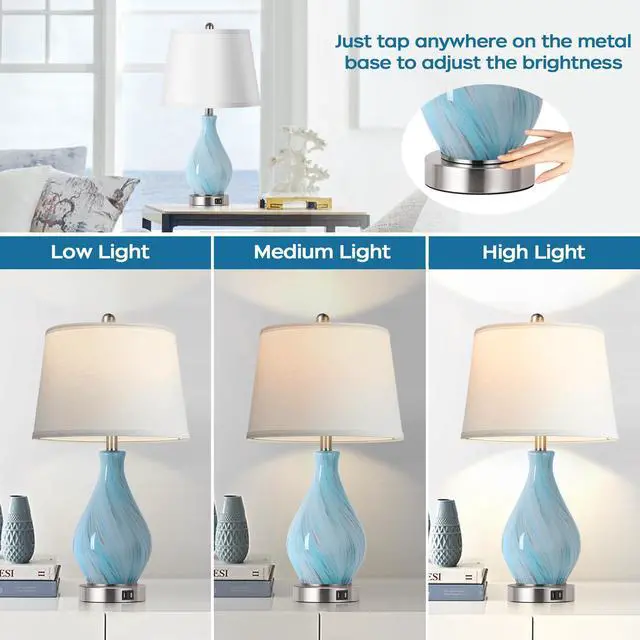 Alt view image 2 of 7 - Modern Accent Table Lamp Set of 2 Touch Control, 22" Faded Swirl Blue Gray Art Glass Bedside Lamp with USB Ports, 3-Way Dimmable Hand Crafted Nightstand Lamps White Drum Shade for Living Room Bedroom