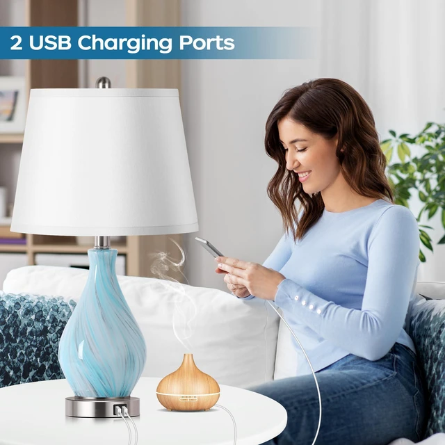 Alt view image 3 of 7 - Modern Accent Table Lamp Set of 2 Touch Control, 22" Faded Swirl Blue Gray Art Glass Bedside Lamp with USB Ports, 3-Way Dimmable Hand Crafted Nightstand Lamps White Drum Shade for Living Room Bedroom