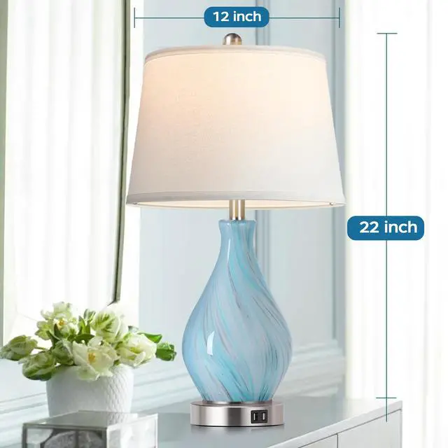 Alt view image 4 of 7 - Modern Accent Table Lamp Set of 2 Touch Control, 22" Faded Swirl Blue Gray Art Glass Bedside Lamp with USB Ports, 3-Way Dimmable Hand Crafted Nightstand Lamps White Drum Shade for Living Room Bedroom
