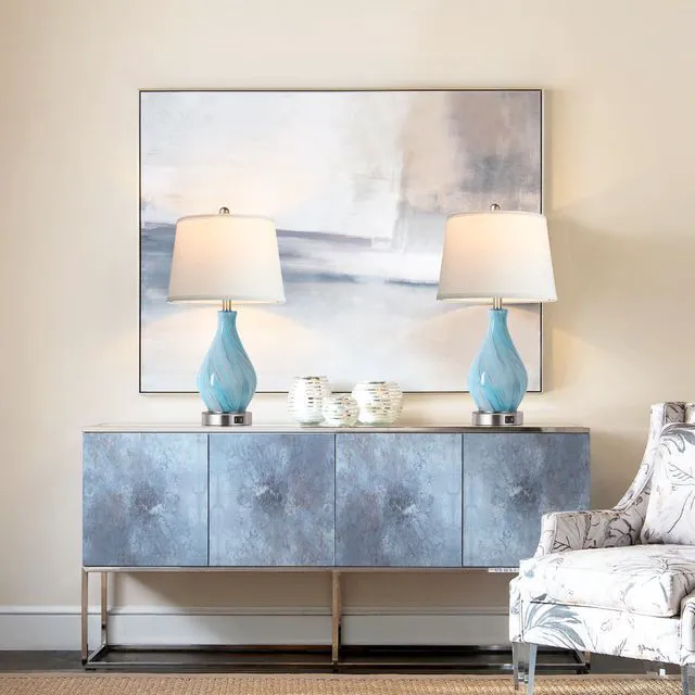 Alt view image 5 of 7 - Modern Accent Table Lamp Set of 2 Touch Control, 22" Faded Swirl Blue Gray Art Glass Bedside Lamp with USB Ports, 3-Way Dimmable Hand Crafted Nightstand Lamps White Drum Shade for Living Room Bedroom