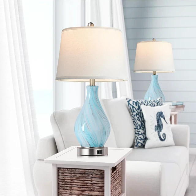Alt view image 6 of 7 - Modern Accent Table Lamp Set of 2 Touch Control, 22" Faded Swirl Blue Gray Art Glass Bedside Lamp with USB Ports, 3-Way Dimmable Hand Crafted Nightstand Lamps White Drum Shade for Living Room Bedroom