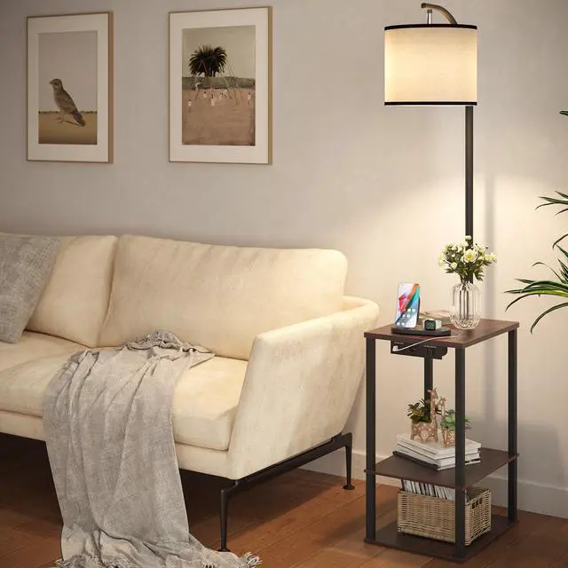Alt view image 2 of 7 - Floor Lamp with Table Shelves, End Side Table for Living Room USB & AC Charging Stations, 3 Color Temperature 9W LED Bulb, Adjustable Shade, Modern Nightstand Lamps for Bedroom Office