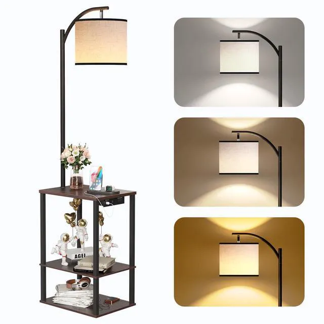 Main image of Floor Lamp with Table Shelves, End Side Table for Living Room USB & AC Charging Stations, 3 Color Temperature 9W LED Bulb, Adjustable Shade, Modern Nightstand Lamps for Bedroom Office