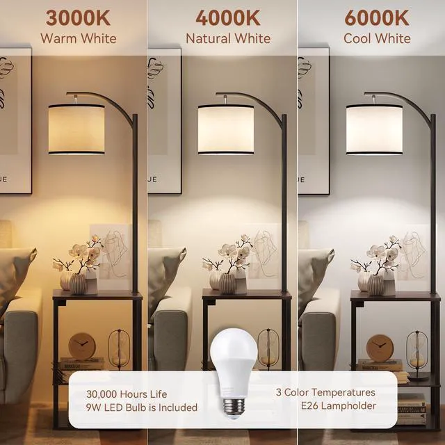 Alt view image 4 of 7 - Floor Lamp with Table Shelves, End Side Table for Living Room USB & AC Charging Stations, 3 Color Temperature 9W LED Bulb, Adjustable Shade, Modern Nightstand Lamps for Bedroom Office