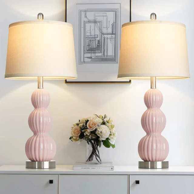 Main image of 28" Pink Ceramic Table Lamps Set of 2, Modern Bedside Lamps for Night Stands, Triple Gourd Table Lamp for Living Room End Table or Bedroom Nightstand (2 LED Bulbs Included)