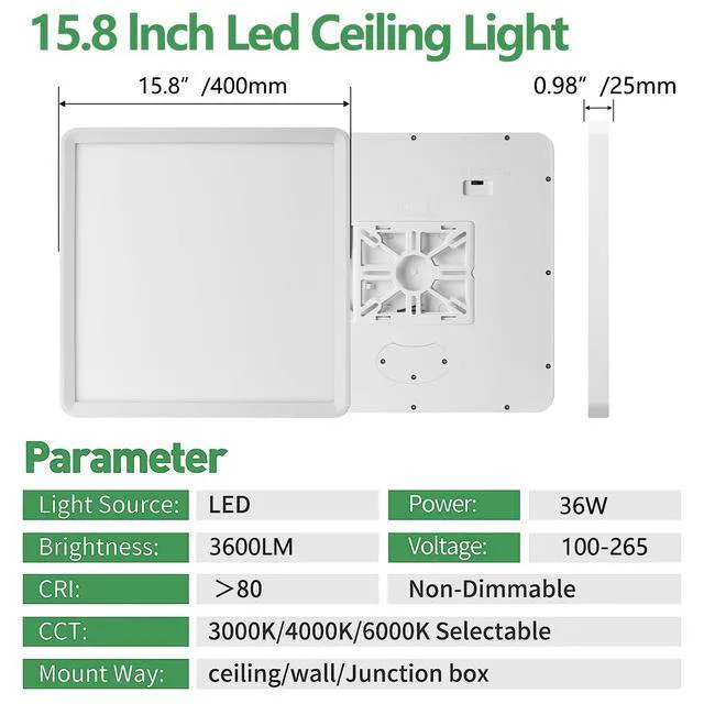 Alt view image 3 of 7 - 16 Inch Square LED Flush Mount Ceiling Light,4 Pack,36W 3600LM,3CCT(White) 3000K/4000K/6000K Selectable,White Slim Low Profile Ceiling Light Firxtue for Bedroom/Kitchen/Living room/Dinning room
