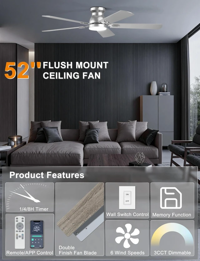 Alt view image 3 of 7 - 52'' Silver Low Profile Ceiling Fan with Lights, Remote/APP Control Flush Mount, Dimmable 3CCT LED, Quiet Reversible DC Motor; Memory Function, 5475 CFM, for Bedroom Living Room Kitchen