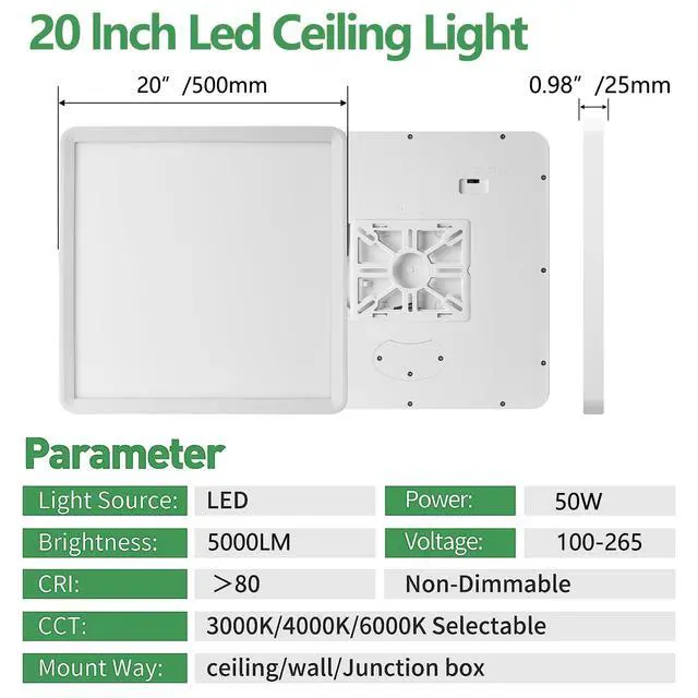Alt view image 3 of 7 - 20 Inch Large LED Flush Mount Ceiling Light, 45W,4500LM,3CCT (2Pack) 3000K/4000K/6000K CCT Selectable, White Square Flat Panel Light, Low Profile, Fits Hallway, Kitchen, Bedroom, Laundry Room