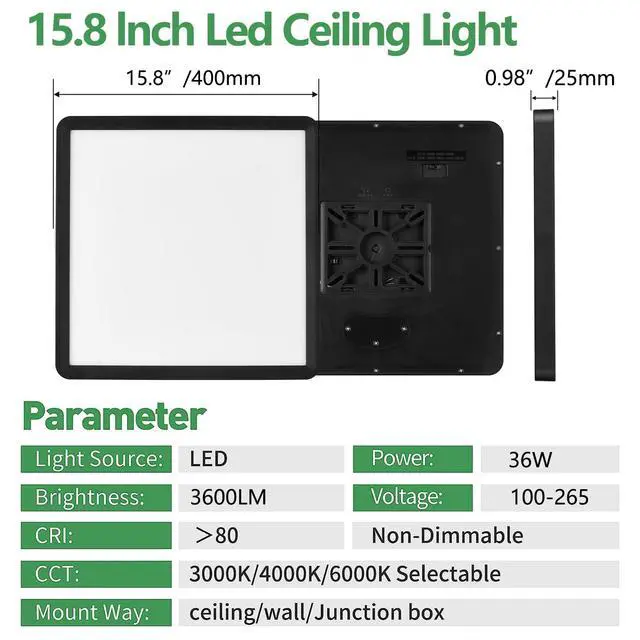 Alt view image 3 of 7 - 16 Inch Square LED Flush Mount Ceiling Light,4 Pack,36W 3600LM,3CCT(Black) 3000K/4000K/6000K Selectable,Black Slim Low Profile Ceiling Light Firxtue for Bedroom/Kitchen/Living room/Dinning room