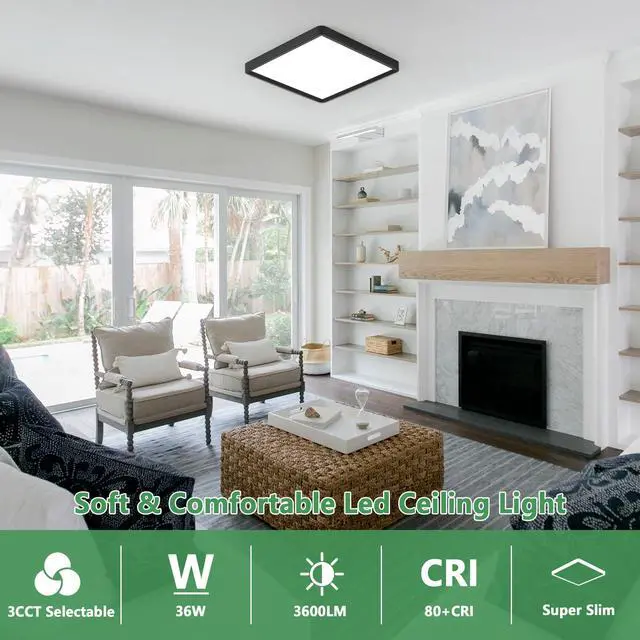 Alt view image 5 of 7 - 16 Inch Square LED Flush Mount Ceiling Light,4 Pack,36W 3600LM,3CCT(Black) 3000K/4000K/6000K Selectable,Black Slim Low Profile Ceiling Light Firxtue for Bedroom/Kitchen/Living room/Dinning room
