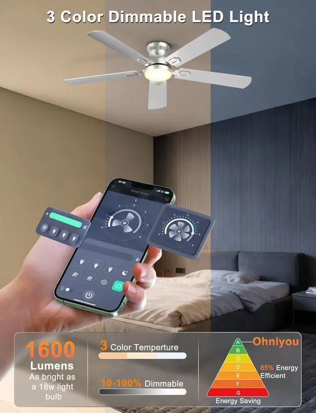 Alt view image 4 of 7 - 52'' Silver Low Profile Ceiling Fan with Lights, Remote/APP Control Flush Mount, Dimmable 3CCT LED, Quiet Reversible DC Motor; Memory Function, 5475 CFM, for Bedroom Living Room Kitchen