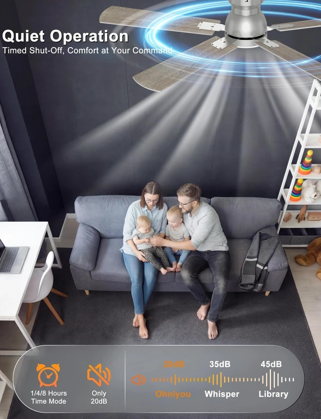 Alt view image 5 of 7 - 52'' Silver Low Profile Ceiling Fan with Lights, Remote/APP Control Flush Mount, Dimmable 3CCT LED, Quiet Reversible DC Motor; Memory Function, 5475 CFM, for Bedroom Living Room Kitchen