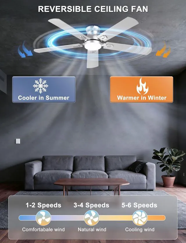 Alt view image 6 of 7 - 52'' Silver Low Profile Ceiling Fan with Lights, Remote/APP Control Flush Mount, Dimmable 3CCT LED, Quiet Reversible DC Motor; Memory Function, 5475 CFM, for Bedroom Living Room Kitchen