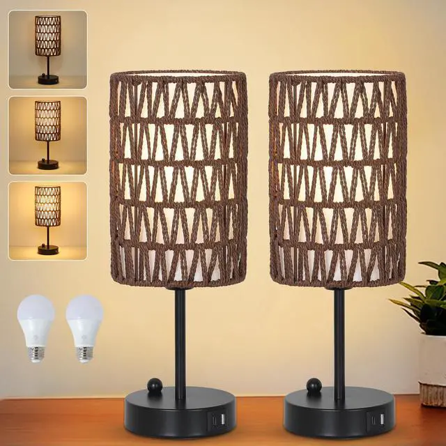 Main image of Bedside Lamps Set of 2, Touch Control Night Stand Lamp for Bedroom with Rattan & Linen Shade & Bulbs, 3 Way Dimmable Small Boho Table Lamps with USB Charging Port & Phone Stand (Coffee Color)
