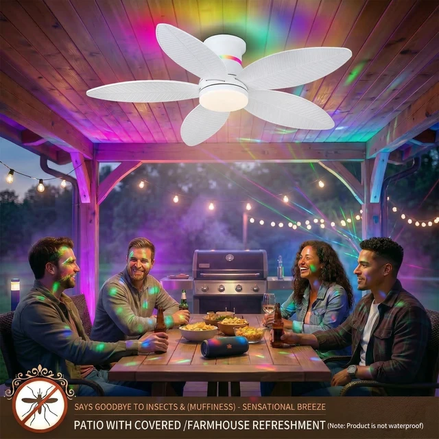 Alt view image 2 of 7 - Tropical Palm Leaf RGB Ceiling Fans with Lights 46, White Flush Mount Ceiling Fan with Light and Remote, 3CCT Dimmable LED&&Side RGB Light, Reversible 6 Speeds, Quite Low Profile Ceiling Fan Party