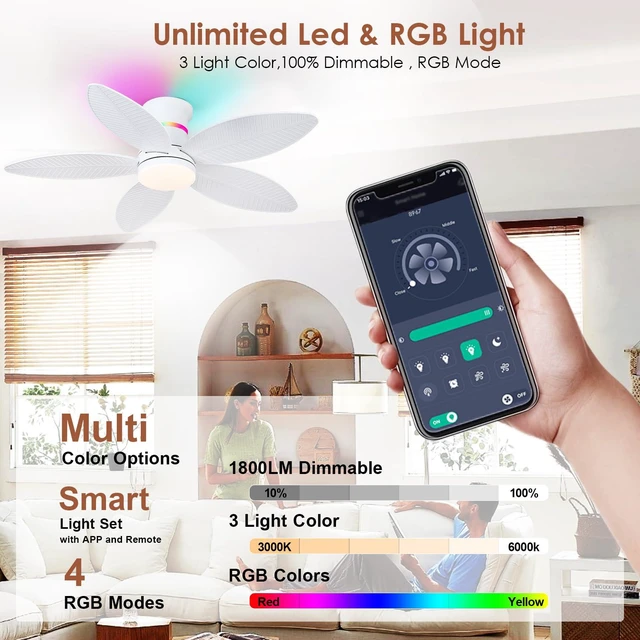 Alt view image 3 of 7 - Tropical Palm Leaf RGB Ceiling Fans with Lights 46, White Flush Mount Ceiling Fan with Light and Remote, 3CCT Dimmable LED&&Side RGB Light, Reversible 6 Speeds, Quite Low Profile Ceiling Fan Party