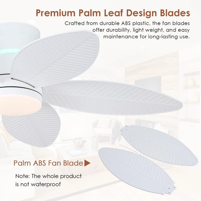 Alt view image 4 of 7 - Tropical Palm Leaf RGB Ceiling Fans with Lights 46, White Flush Mount Ceiling Fan with Light and Remote, 3CCT Dimmable LED&&Side RGB Light, Reversible 6 Speeds, Quite Low Profile Ceiling Fan Party
