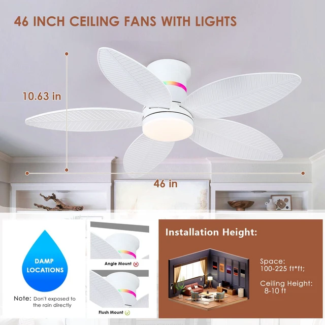 Alt view image 7 of 7 - Tropical Palm Leaf RGB Ceiling Fans with Lights 46, White Flush Mount Ceiling Fan with Light and Remote, 3CCT Dimmable LED&&Side RGB Light, Reversible 6 Speeds, Quite Low Profile Ceiling Fan Party