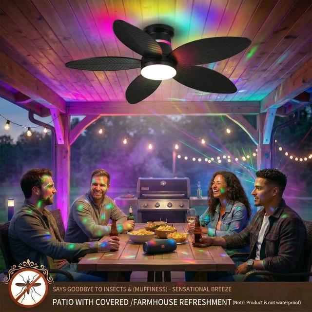 Alt view image 2 of 7 - Tropical Palm Leaf RGB Ceiling Fans with Lights 46, Black Flush Mount Ceiling Fan with Light and Remote, 3CCT Dimmable LED&&Side RGB Light, Reversible 6 Speeds, Quite Low Profile Ceiling Fan Party