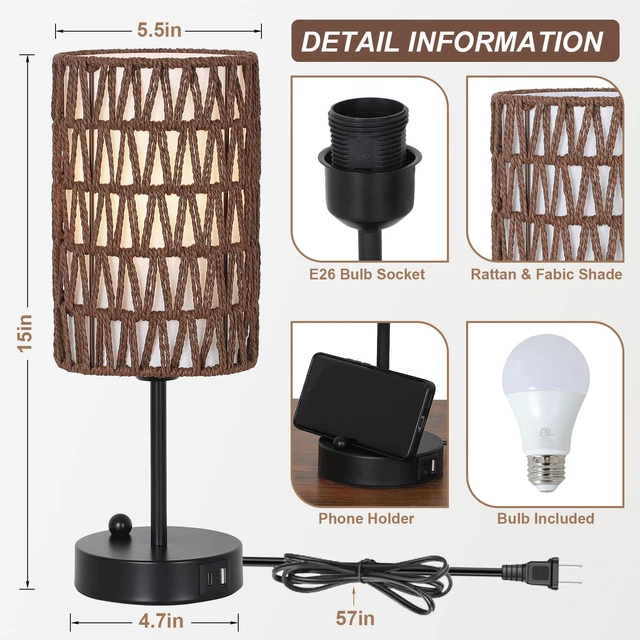 Alt view image 2 of 7 - Bedside Lamps Set of 2, Touch Control Night Stand Lamp for Bedroom with Rattan & Linen Shade & Bulbs, 3 Way Dimmable Small Boho Table Lamps with USB Charging Port & Phone Stand (Coffee Color)