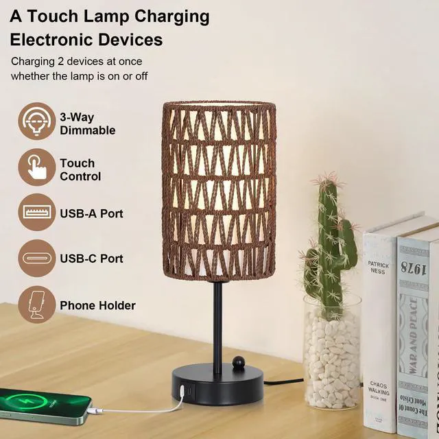 Alt view image 3 of 7 - Bedside Lamps Set of 2, Touch Control Night Stand Lamp for Bedroom with Rattan & Linen Shade & Bulbs, 3 Way Dimmable Small Boho Table Lamps with USB Charging Port & Phone Stand (Coffee Color)
