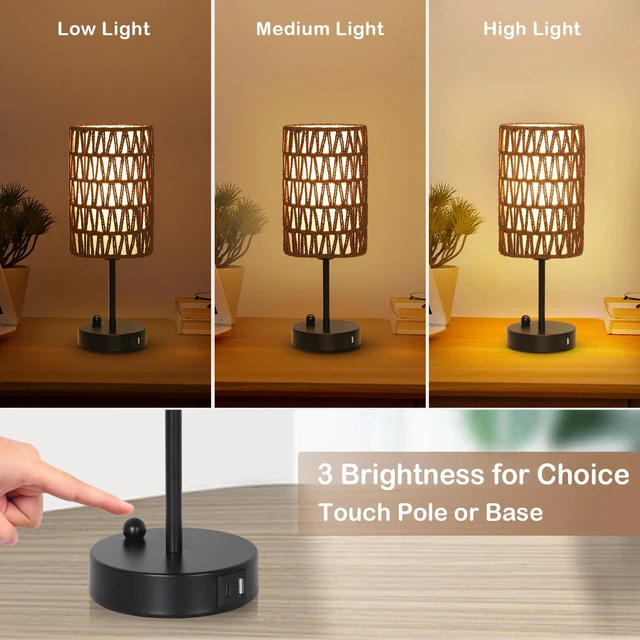 Alt view image 4 of 7 - Bedside Lamps Set of 2, Touch Control Night Stand Lamp for Bedroom with Rattan & Linen Shade & Bulbs, 3 Way Dimmable Small Boho Table Lamps with USB Charging Port & Phone Stand (Coffee Color)