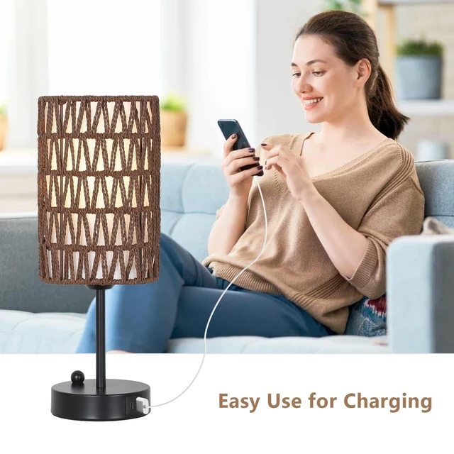 Alt view image 5 of 7 - Bedside Lamps Set of 2, Touch Control Night Stand Lamp for Bedroom with Rattan & Linen Shade & Bulbs, 3 Way Dimmable Small Boho Table Lamps with USB Charging Port & Phone Stand (Coffee Color)