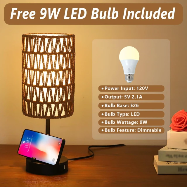 Alt view image 6 of 7 - Bedside Lamps Set of 2, Touch Control Night Stand Lamp for Bedroom with Rattan & Linen Shade & Bulbs, 3 Way Dimmable Small Boho Table Lamps with USB Charging Port & Phone Stand (Coffee Color)
