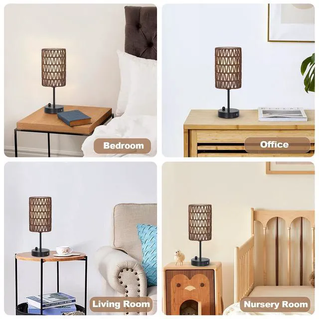 Alt view image 7 of 7 - Bedside Lamps Set of 2, Touch Control Night Stand Lamp for Bedroom with Rattan & Linen Shade & Bulbs, 3 Way Dimmable Small Boho Table Lamps with USB Charging Port & Phone Stand (Coffee Color)