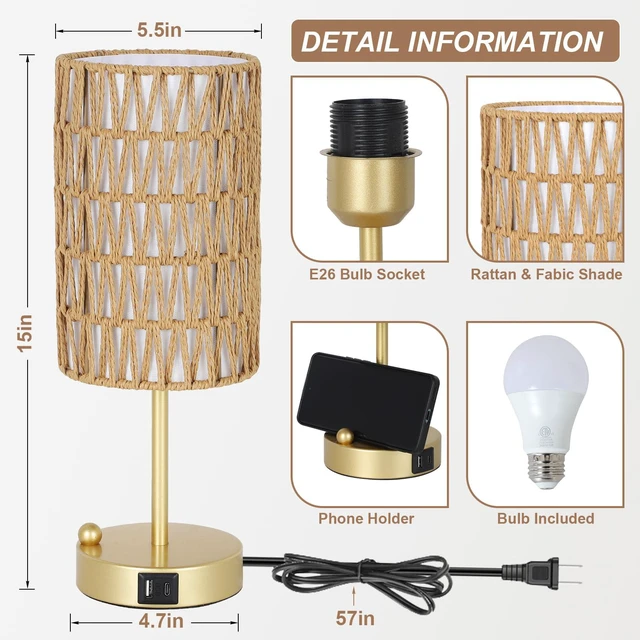 Alt view image 2 of 7 - Gold Bedside Lamps Set of 2, Touch Control Night Stand Lamp for Bedroom with Rattan & Linen Shade & Bulbs, 3 Way Dimmable Small Boho Table Lamps with USB Charging Port & Phone Stand