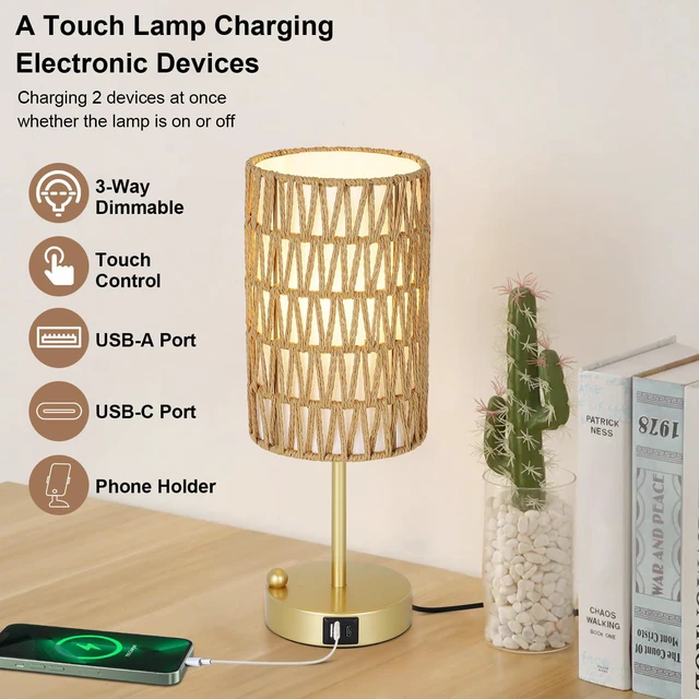Alt view image 3 of 7 - Gold Bedside Lamps Set of 2, Touch Control Night Stand Lamp for Bedroom with Rattan & Linen Shade & Bulbs, 3 Way Dimmable Small Boho Table Lamps with USB Charging Port & Phone Stand