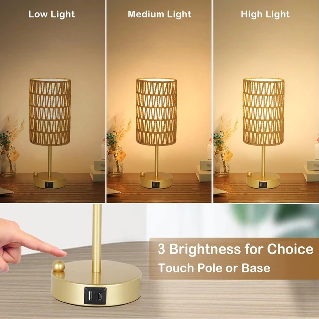 Alt view image 4 of 7 - Gold Bedside Lamps Set of 2, Touch Control Night Stand Lamp for Bedroom with Rattan & Linen Shade & Bulbs, 3 Way Dimmable Small Boho Table Lamps with USB Charging Port & Phone Stand