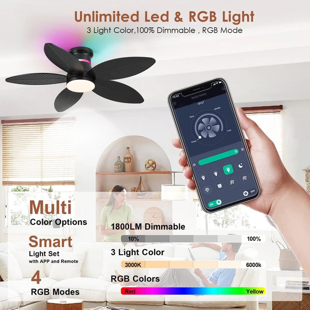 Alt view image 3 of 7 - Tropical Palm Leaf RGB Ceiling Fans with Lights 46, Black Flush Mount Ceiling Fan with Light and Remote, 3CCT Dimmable LED&&Side RGB Light, Reversible 6 Speeds, Quite Low Profile Ceiling Fan Party