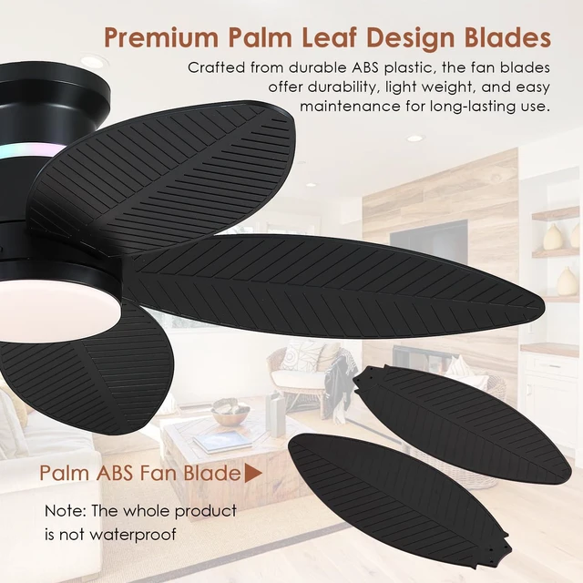 Alt view image 4 of 7 - Tropical Palm Leaf RGB Ceiling Fans with Lights 46, Black Flush Mount Ceiling Fan with Light and Remote, 3CCT Dimmable LED&&Side RGB Light, Reversible 6 Speeds, Quite Low Profile Ceiling Fan Party