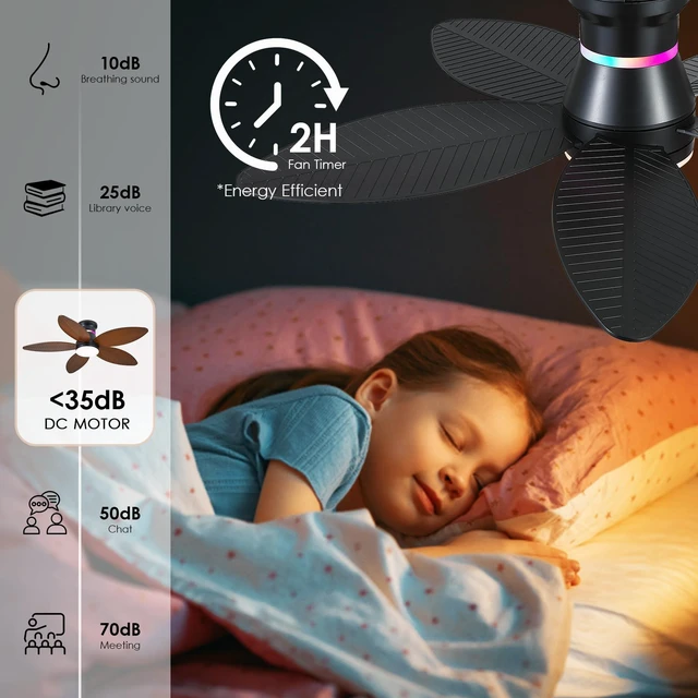 Alt view image 6 of 7 - Tropical Palm Leaf RGB Ceiling Fans with Lights 46, Black Flush Mount Ceiling Fan with Light and Remote, 3CCT Dimmable LED&&Side RGB Light, Reversible 6 Speeds, Quite Low Profile Ceiling Fan Party